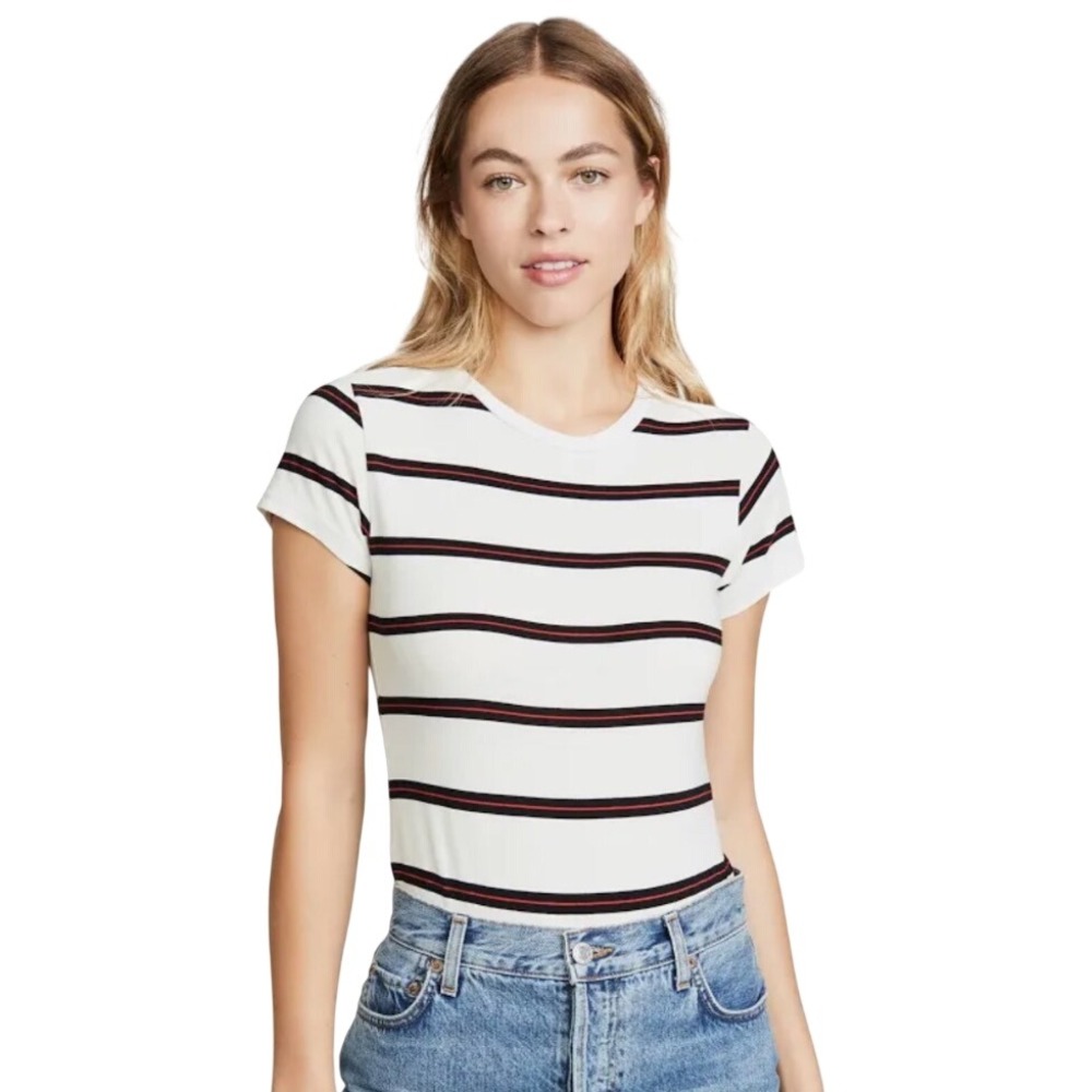 Re/Done The 60s Striped Short Sleeve Tee Bodysuit White Black Stripe 100% Cotton